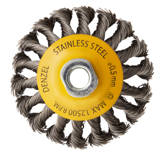 Щетка для УШМ, 100 мм, "Тарелка", крученая нержавеющая проволока 0.5 мм, М14 Denzel по ценам производителя в Москве с доставкой по всей России