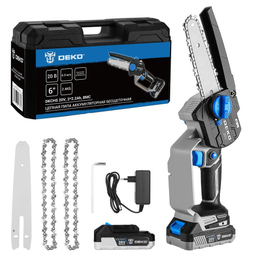 Пила цепная аккумуляторная бесщеточная DEKO DKCHS 20V, 6", 20В, 2x2.2Ач, 2 шины и 3 цепи в кейсе по ценам производителя в Москве с доставкой по всей России