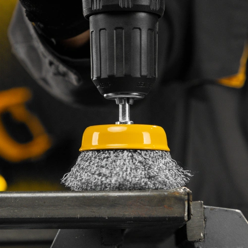 Щетка для дрели, 75 мм, Чашка, со шпилькой, нержавеющая витая проволока Denzel по ценам производителя в Москве с доставкой по всей России