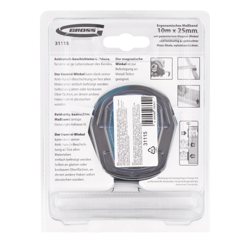 Рулетка "Schlagfest",10 м x 25 мм,магнитный обрезиненный зацеп,двусторонняя шкала,автоматическая фиксация Gross по ценам производителя в Москве с доставкой по всей России