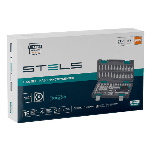 Набор инструментов, 1/4", CrV, пластиковый кейс 57 предметов Stels по ценам производителя в Москве с доставкой по всей России