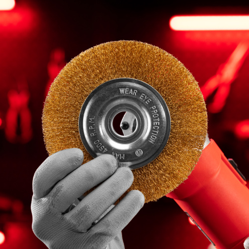 Щетка для УШМ, 150 мм, посадка 22.2 мм, плоская, латунированная витая проволока Matrix по ценам производителя в Москве с доставкой по всей России