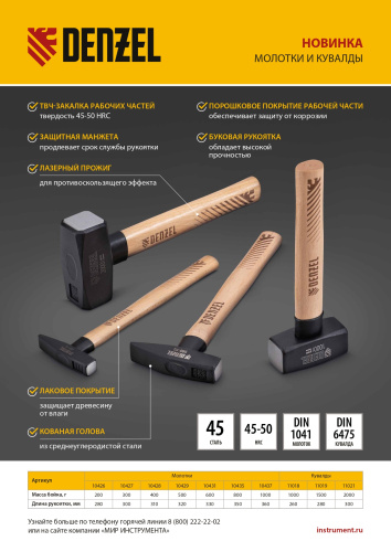 Кувалда, 2000 г, кованая головка, буковая рукоятка Denzel по ценам производителя в Москве с доставкой по всей России