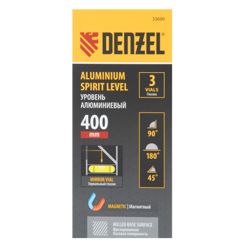 Уровень алюминиевый, магнит., фрезерованный, 3 глазка (1 зеркал.) 0,5 мм/м, 400 мм Denzel по ценам производителя в Москве с доставкой по всей России