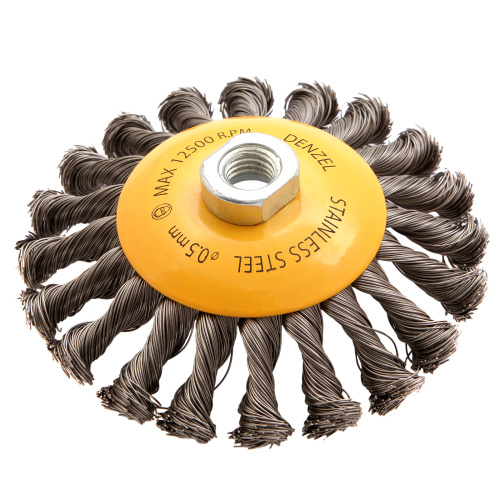 Щетка для УШМ, 125 мм, "Тарелка", крученая нержавеющая проволока 0.5 мм, М14 Denzel по ценам производителя в Москве с доставкой по всей России