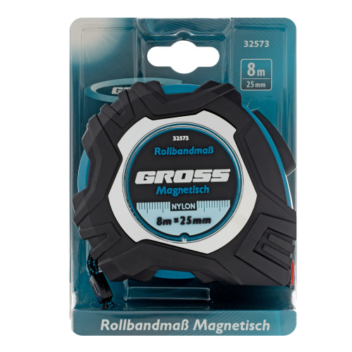 Рулетка Magnetisch 8 м х 25 мм,обрезиненный корпус,автоматическая фиксация,Нейлоновое покрытиеытие,зацеп с магнитом Gross по ценам производителя в Москве с доставкой по всей России
