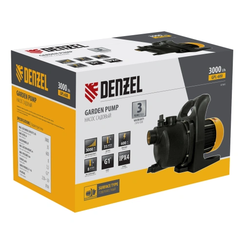 Садовый поверхностный насос GPL600, 600 Вт, 3000 л/ч, подъем 35 м, пластик Denzel по ценам производителя в Москве с доставкой по всей России